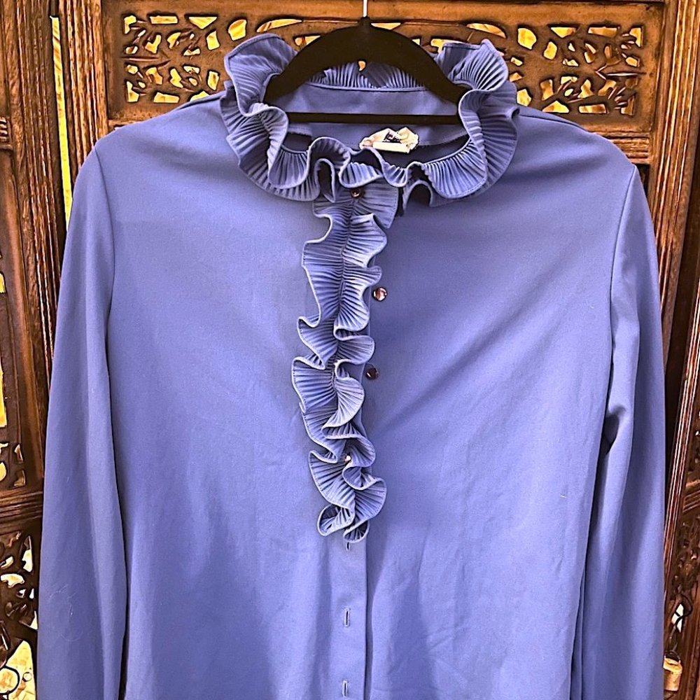 VINTAGE MARDI MODES NEW YORK BLUE BUTTONDOWN BLOUSE WITH FRILLY COLLAR SIZE 16